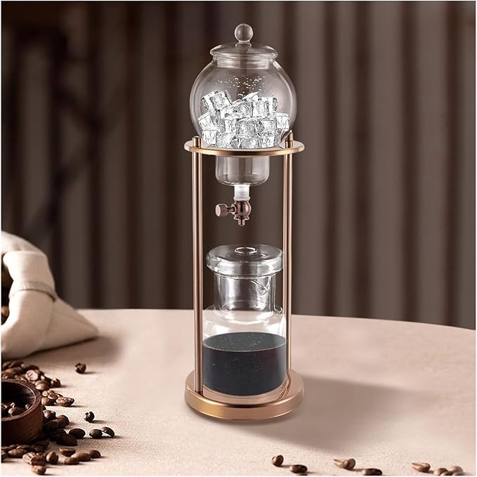 Cold Brew Coffee Tower600 Ml Iced Coffee DripperPortable Cold Brew Dripper Tower Coffee MakerLuxury Glass Slow Smooth Drip Coffee Machine For Home Office(Gold)