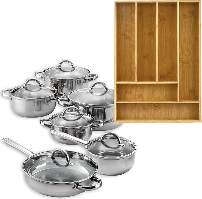 For 12 Piece Cookware Set Stainless Steel Pots Pans + Bamboo 6 Slot Organizer Tray