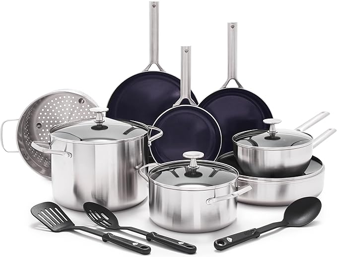 Blue Diamond Triple Steel Ceramic Nonstick Cookware Set - 15 Pieces Silver