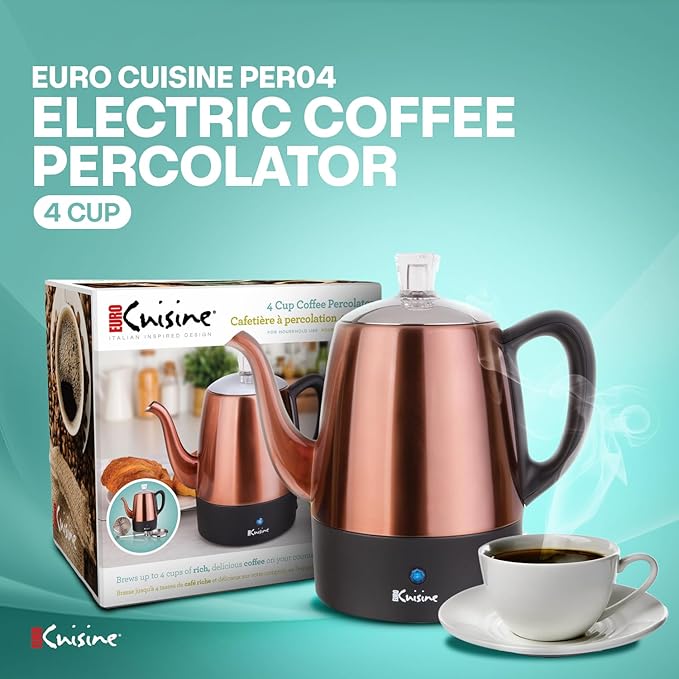 Euro Cuisine PER04 Stainless Steel Electric Coffee Percolator 4 Cup Polished Copper Finish Dripless Gooseneck Spout Clear Glass Knob Brewing Indication Keep-Warm Function Detachable Cord