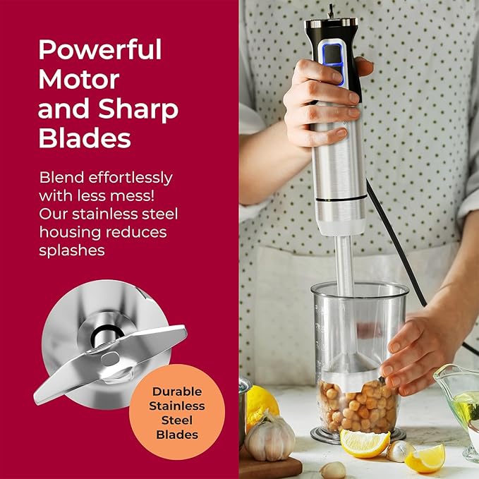 MuellerLiving Ultra-Stick Immersion Hand Blender 500W Heavy Duty Motor 8-Speed Turbo Setting Includes Blending Shaft Whisk Milk Frother &amp Measuring Beaker