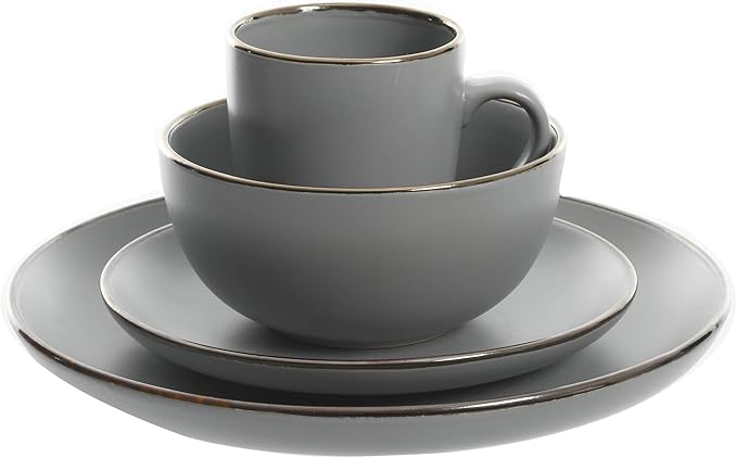 Gibson Home Rockaway 16-Piece Round Stoneware Dinnerware Set Service for 4 – Grey with Gold Rim Plates and Bowls Microwave &amp Dishwasher Safe