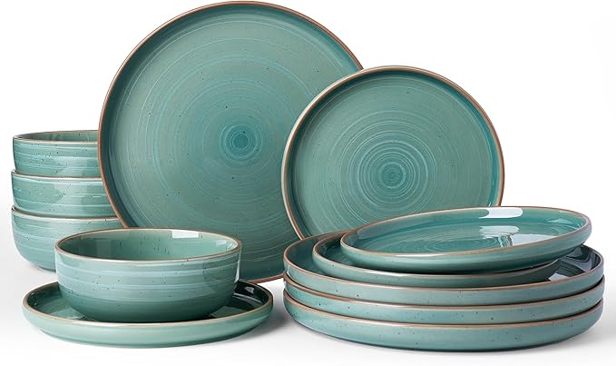 Famiware Meteor Plates and Bowls Sets for 4 12 Pieces Dinnerware Sets Microwave and Dishwasher Safe Dishes Set Peacock Green