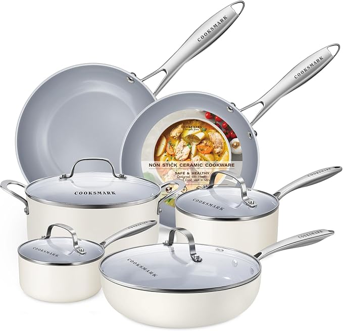 10-Piece Ceramic Nonstick Cookware Set - PFOA-Free Pots and Pans with Glass Lids Healthy Cooking Easy Clean Induction Compatible &amp Oven Safe Includes Frying Pan Saucepan Stockpot - Cream Whit