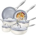 10-Piece Ceramic Nonstick Cookware Set - PFOA-Free Pots and Pans with Glass Lids Healthy Cooking Easy Clean Induction Compatible &amp Oven Safe Includes Frying Pan Saucepan Stockpot - Cream Whit