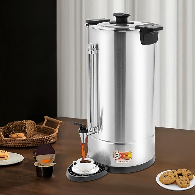 25L Stainless Steel Coffee Urn Commercial Electric Hot Water Dispenser with Dripping Tray No-Temp-Knob Silver Boiler for Catering Party Church Office Large Capacity Percolator Brewer Coffee Maker