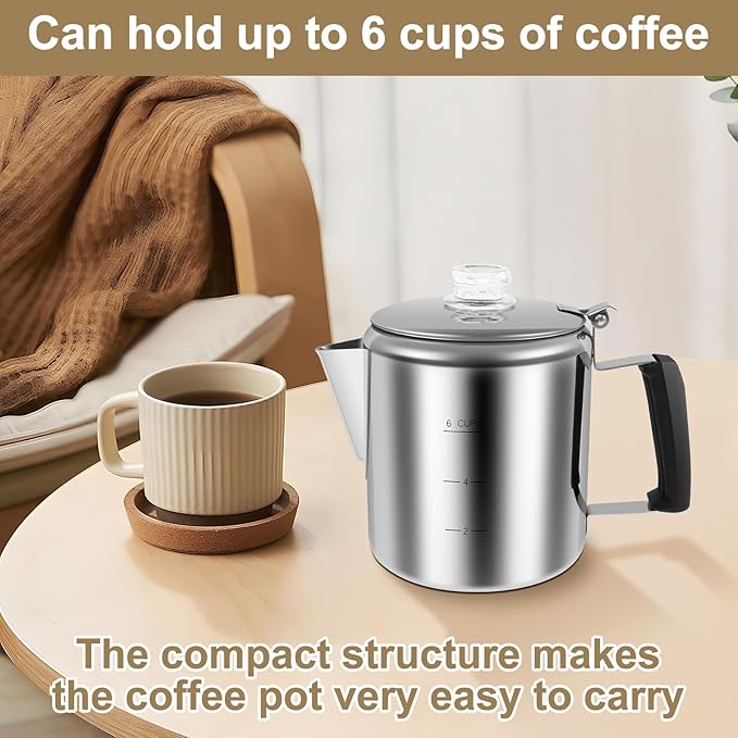 Stainless Steel Coffee Percolator 6 Cup Fast Brew Coffee Maker Percolator with Glass Knob Portable Outdoors Camping Coffee Pot for Gas Stove