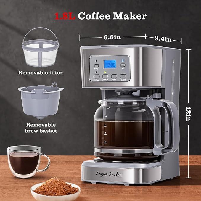 Taylor Swoden 12-Cup Programmable Coffee Maker Regular &amp Strong Brew Drip Coffee Machine for Home and Office Glass Carafe Pause &amp Serve Auto Shut Off Gray &amp Stainless Steel