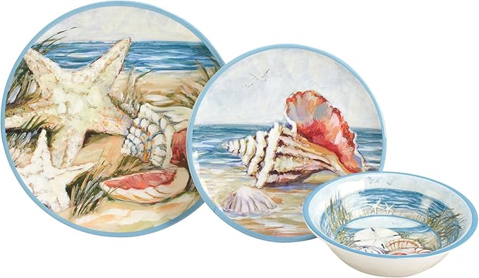 Seacoast Melamine 12 Piece Dinnerware Set – Coastal Beach-Themed Plates and Bowls Service for 4 with Shell and Ocean Art Break-Resistant BPA-Free Reusable Dinnerware Dishwasher Safe Indoor/Outdoor