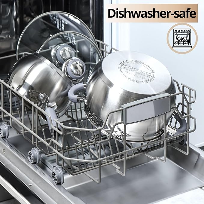 Daniks Modern 3 Quart Stainless Steel Stock Pot with Glass Lid Tri-Ply Bottom for Even Heating Induction Compatible Dishwasher Safe Heatproof Handles