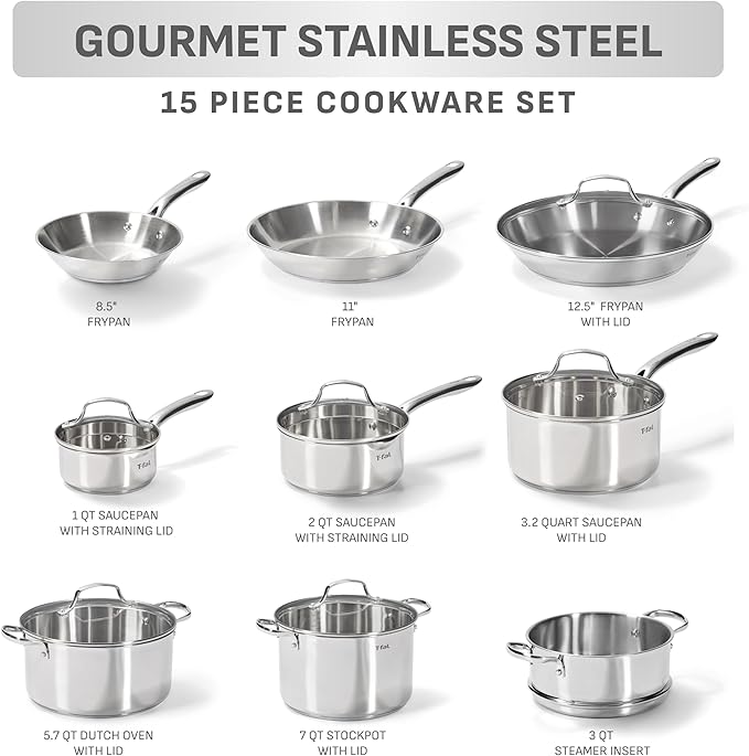 T-fal Gourmet 15-Piece Stainless Steel Cookware Set Pots and Pans Cooking Set Dishwasher Safe Oven Safe to 500°F Induction Compatible Stock Pot Sauce Saute Frying Pans Silver