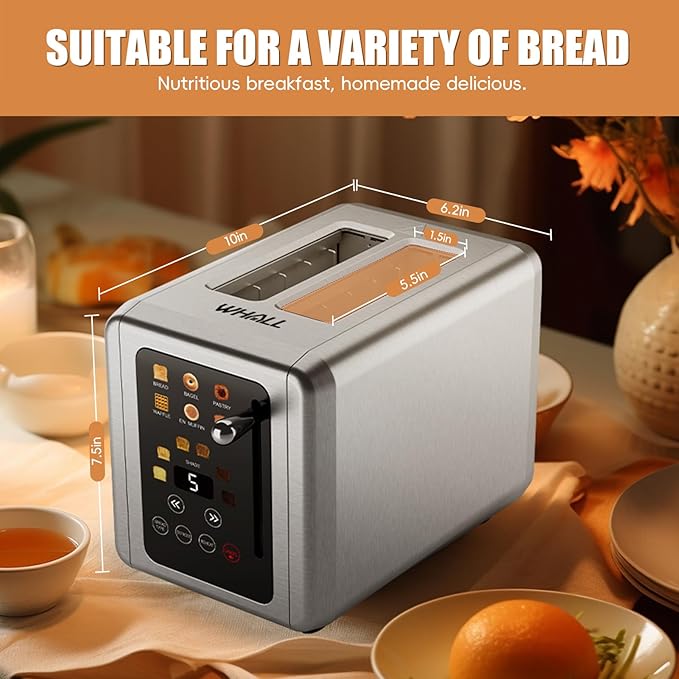 WHALL® Touch Screen Toaster 2 Slice Stainless Steel Digital Timer Toaster 6 Bread Types &amp 6 Shade Settings Smart Extra Wide Slots Toasters With Bagel Cancel Defrost Functions