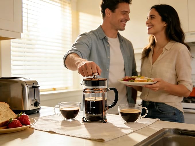 French Press Coffee Maker 21Oz Coffee Press with 304 Stainless Steel 4 Filters Borosilicate Glass Heat Resistant Carafe 100% BPA-Free Teapot &amp Coffee Press Copper Finish