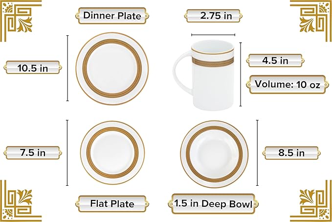 40 Piece Luxurious Dinnerware Sets for 8 – Includes Plates Mugs Bowls – White and Gold Rope Design Dish Set for Kitchen Table Everyday Dining or Formal Use (Rope Gold)