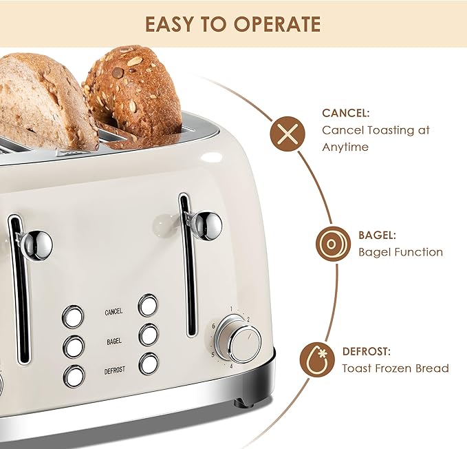 4 Slice Toaster Roter Mond Retro Stainless Steel with Bagel Defrost Cancel Function 6 Browning Settings Extre Wide Slot and Removable Crumb Tray Cream ST033