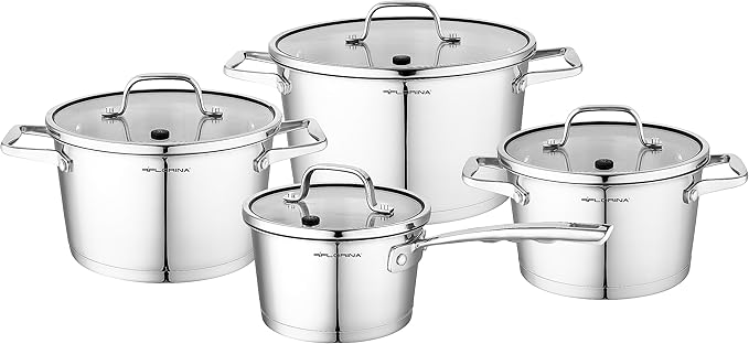 FLORINA Professional Stainless Steel Cooking Pot Set 8 Pieces Induction 4 Saucepans 4 Glass Lids Suitable for All Hobs Dishwasher Safe