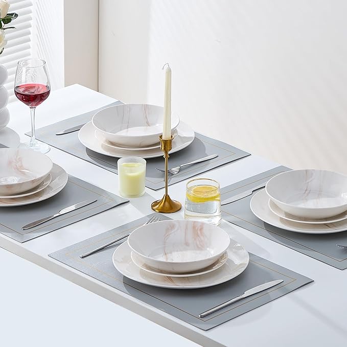 Bestone 12 Pieces Round Kitchen Dinnerware SetsPlates and Bowls setsDishes Plates Bowls Dish SetPlates and BowlsService for 4 Orange and White Marble