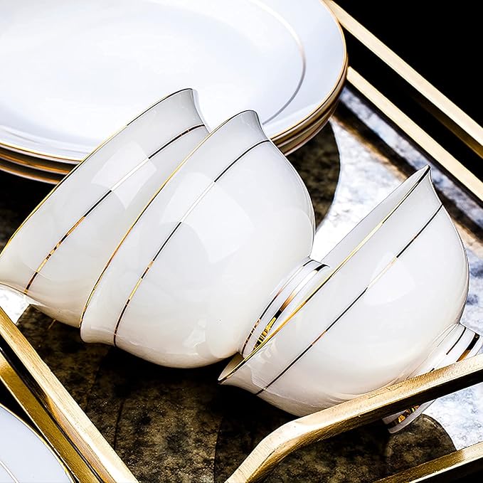42 Pieces Dinner Set for 6 White Porcelain Bone China Kitchen Combi-Set Tableware Set with Cereal Bowl Bowls Dessert Plates Soup Plates Dinner Plates with Gold Rim