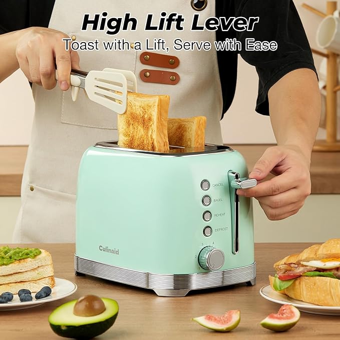 Toaster 2 Slice Retro Stainless Steel with 1.5” Extra Wide Slots Bagel Defrost Reheat Cancel Functions 6 Bread Shade Settings Removable Crumb Tray Aqua Green