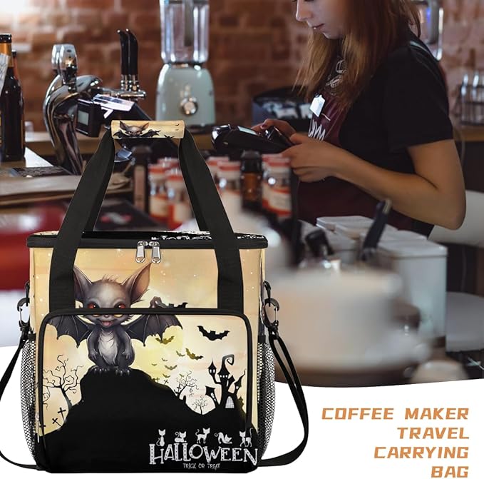 Halloween Monster Bat Coffee Maker Carring Bag Travel Carrying Storage Tote Bag Compatible with Keurig K-Mini or K-Mini Plus Portable Single Serve Coffee Brewer Case with Pockets for K-cup Pods