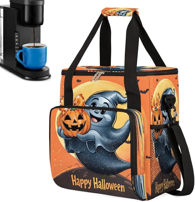 Halloween Ghost Moon Pumpkin Coffee Maker Carring Bag Travel Carrying Storage Tote Bag Compatible with Keurig K-Mini or K-Mini Plus Portable Single Serve Coffee Brewer Case with Pockets