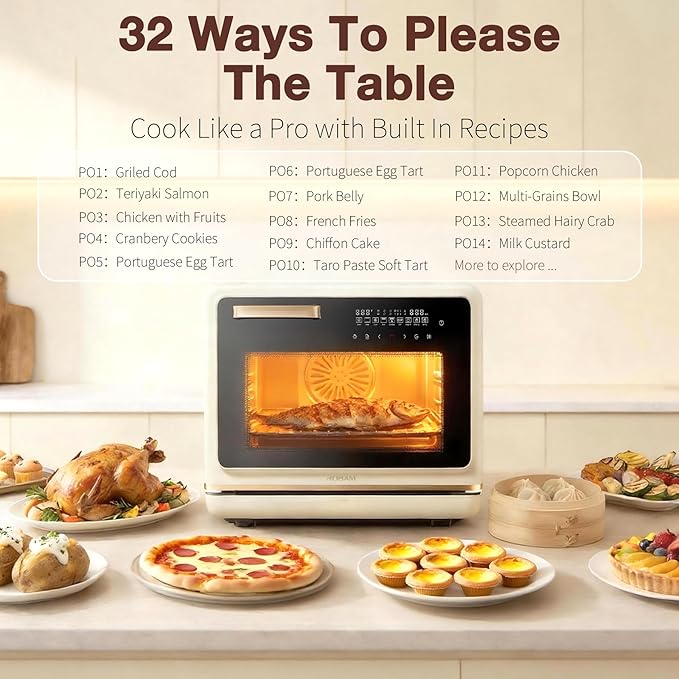 ROBAM Toaster Air Fryer Oven Combo Countertop Convection Cooker with Bake &amp Fry 1.2 Cu.Ft Large Capacity Combi Steam Oven 32 Preset Recipes Smart Touch Precise Temp Control Multi-Stage (White
