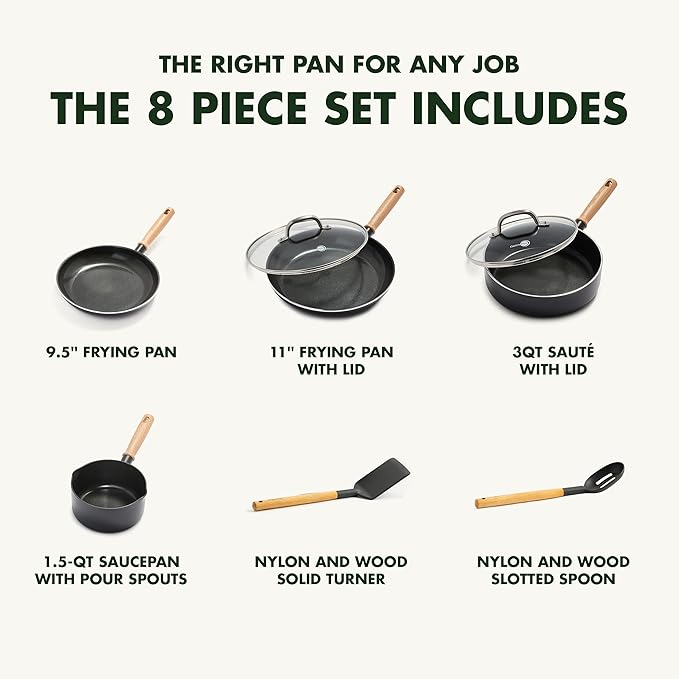 GreenPan Hudson Healthy Ceramic Nonstick 8 Piece Cookware Pots and Pans Set Vintage Wood Inspired Handle PFAS-Free Dishwasher Safe Black