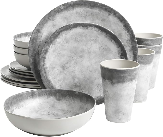Organic Decal 16 Piece Melamine Dinnerware Set Gray and White Plates Bowls &amp Tumblers Service for 4 Break-Resistant Indoor Outdoor Dining