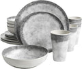 Organic Decal 16 Piece Melamine Dinnerware Set Gray and White Plates Bowls &amp Tumblers Service for 4 Break-Resistant Indoor Outdoor Dining