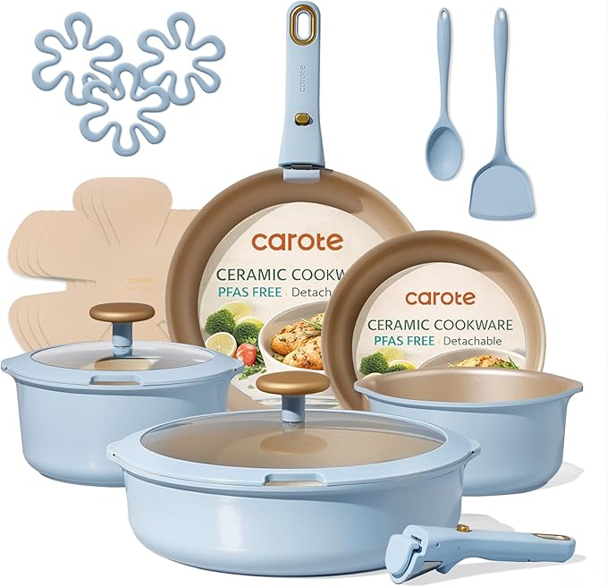 CAROTE 18Pcs Titanium Reinforced Nonstick Pots and Pans Set Nonstick Cookware Set with Detachable Handle Induction Kitchen Cookware Sets Removable Handles Dishwasher Safe Oven Safe Blue