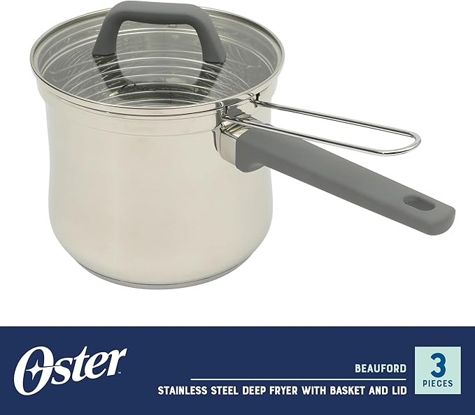 Oster Beauford 3.65-Quart Stainless Steel Deep Fryer Pot with Basket &amp Glass Lid – Induction Oven &amp Dishwasher Safe 5-Ply Encapsulated Base Soft-Touch Handle