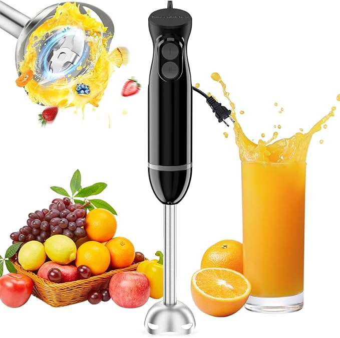 Bonsenkitchen Hand Blender Immersion Blender with 2 Mixing Speeds Portable Electric Stick Mixer Stainless Steel Blades Perfect for Soup Smoothie Puree Baby Food Easy Clean Compact Design