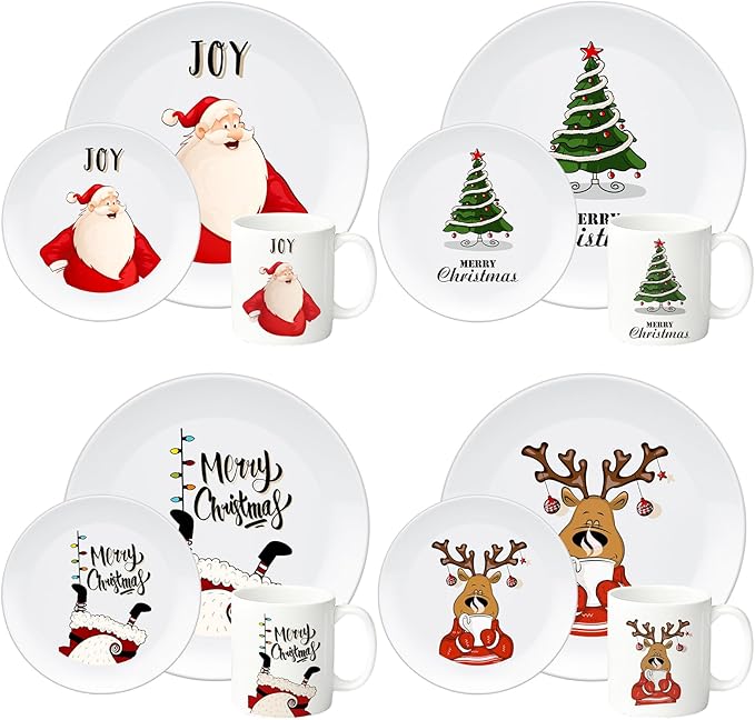 12 Piece Christmas Melamine Dinnerware Set for 4 Guest 10 Dinner Plates 8 Salad Plates 9 oz Mug Shatterproof Xmas Dishes Gift for Home Party Festive Holiday Celebrations