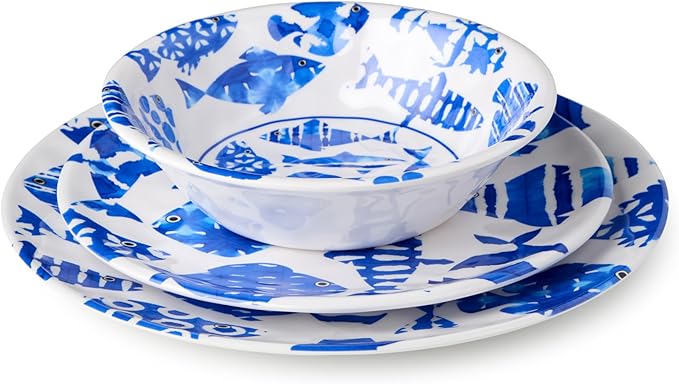 Fish Tale 12 Pc. MELAMINE DINNERWARE SET SERVICE for 4 – Cobalt Blue Fish School Outdoor Plates Bowls Shatterproof Coastal Dining Poolside Patio Entertaining Mediterranean Dreams for Every Meal