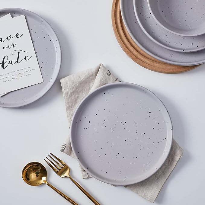 Stone Lain Jade Stoneware 16 Piece Dinnerware Set Home Kitchen Dish Set with Dinner Plates Salad Plates Bowls &amp Mugs - Service for 4 Light Grey
