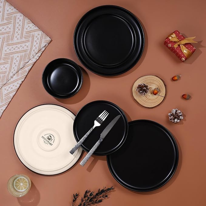 LIANYU 18PCS Dinnerware Plates and Bowls Sets Ceramic Dishes Set for 6 Stoneware Dinner Dessert Salad Plates Cereal Bowls Scratch Resistant Dishware Microwavable &amp Dishwasher Safe Matte Black