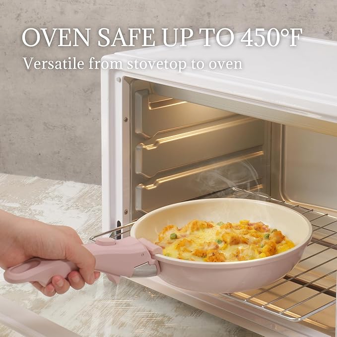 Ceramic Cookware Set Non Stick 8Pcs Pots and Pans Set Detachable Handle Induction Kitchen Cooking Set with Frying Pans Oven Dishwasher Safe PFAS/PFOA Free Pink