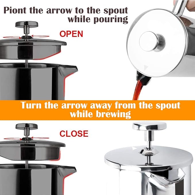 French Press Coffee Maker 1.5L Double Insulated 304 Stainless Steel Tea Maker 4 Level Filtration System No Coffee Grounds Rust-Free Dishwasher Safe 50oz Coffee Press for Family Party