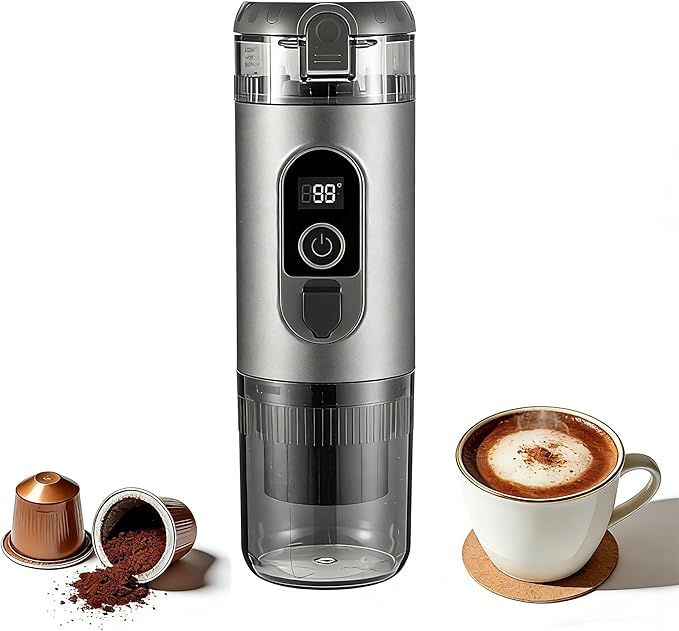 Portable Electric Espresso Machine Travel Coffee Maker 20 bar Mini Espresso Self-Heating Car Coffee Maker Compatible with Ground Coffee &amp NS Capsule for Camping RV Hiking Offic Gray