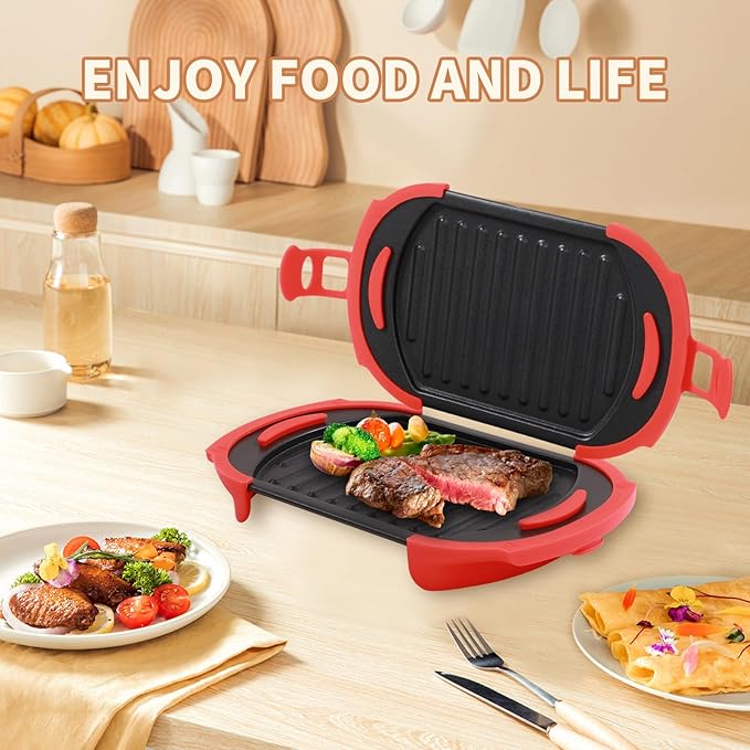 Microwave Sandwich Maker Microwave Toaster Grill Cheese Panini Press Maker Dishwasher Safe Removable Non-Stick Plates Silicone Microwavable Cookware Fast Cooking for Breakfast Snacks Red