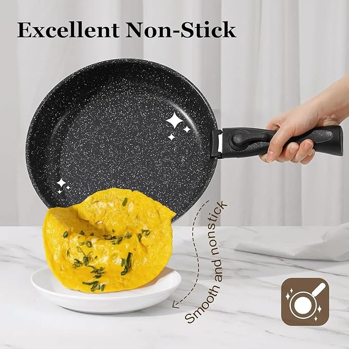 Black 15Pcs Pots and Pans Set Nonstick Kitchen Cookware Set with Removable Handle Stackable Healthy Non Stick Cookware Set Oven Safe &amp PFOA Free