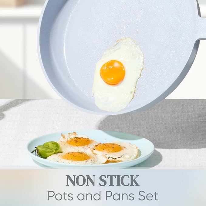 CAROTE Ceramic Cookware Set Nonstick 14pcs Pots and Pans Set Nonstick Non-Toxic &amp PFAS-Free Dishwasher RV/Camping Cookware Set Cooking Pots with Lids Pastel Blue