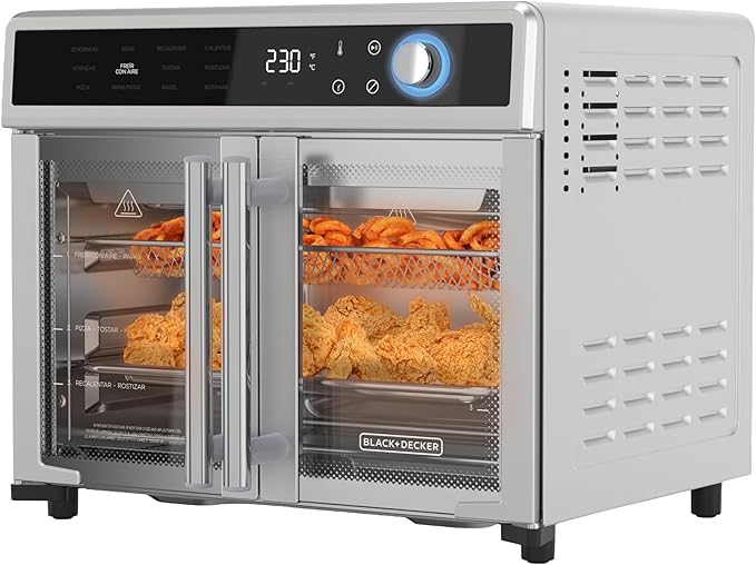 BLACK+DECKER Crisp 'N Bake Air Fryer Toaster Oven Combo 12 in 1 Countertop Convection Oven Cooks Food Fast Fits a Whole Pizza or 6 Toast Slices French Doors with Stainless Steel Finish