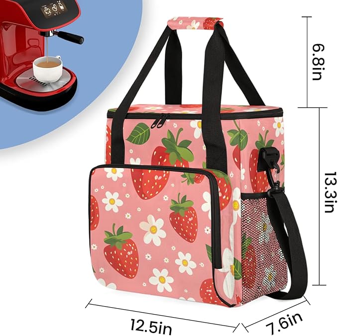 Flower Strawberry Coffee Maker Travel Bag for Keurig K-Mini/K-Mini Plus Insulated Waterproof Tote with Pockets for K-Cup Portable Single-Serve Brewer Case