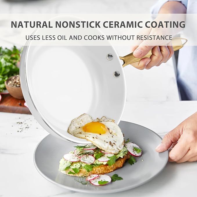 Ceramic Cookware Set VONIKI 16 Pcs Pots and Pans Set Non Stick Kitchen Cookware Sets with Cooking Utensils Set Non Toxic Cookware Set White Gold Pan Set for Cooking Pot Oven &amp Dishwasher Safe