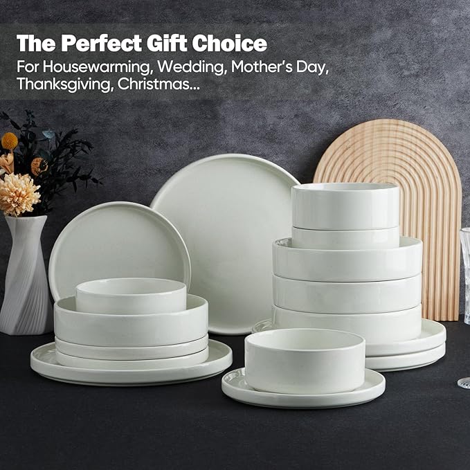 Vesteel 16 Pieces Dinnerware Sets Premium Stoneware Dishes Set for 4 Speckled Plates and Bowls Set for Home Restaurant Microwave and Dishwasher Safe - Off-white