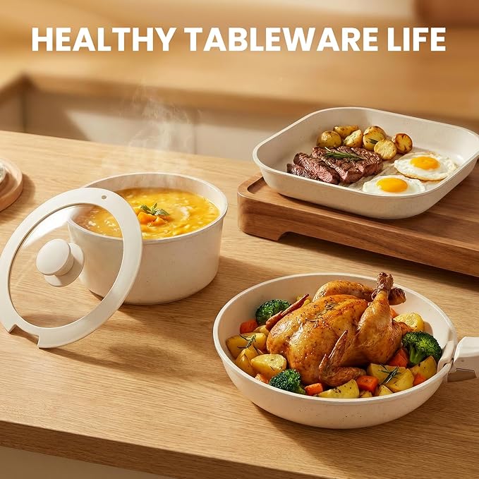 Nonstick Ceramic Cookware Set 20-Piece - Pots and Pans Set with Detachable Handle - RV Stackable Kitchen Cooking Set Induction/Dishwasher/Oven Safe with Frying Cream White