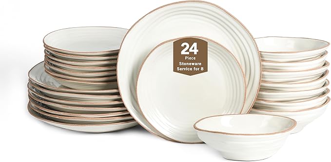 Stone Lain Nami 24-Piece Dinnerware - Stoneware Plates and Bowls Set Microwave and Dishwasher Safe Dish for 8 White