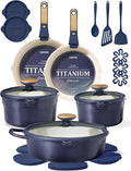 CAROTE 22Pcs Titanium Cookware Set Pots and Pans Set Non Stick Kitchen Cooking Set with Detachable Handle Non Toxic Induction Cookware Dishwasher/Oven SafeBlue