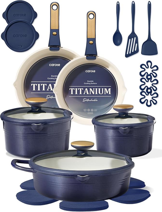 CAROTE 22Pcs Titanium Cookware Set Pots and Pans Set Non Stick Kitchen Cooking Set with Detachable Handle Non Toxic Induction Cookware Dishwasher/Oven SafeBlue